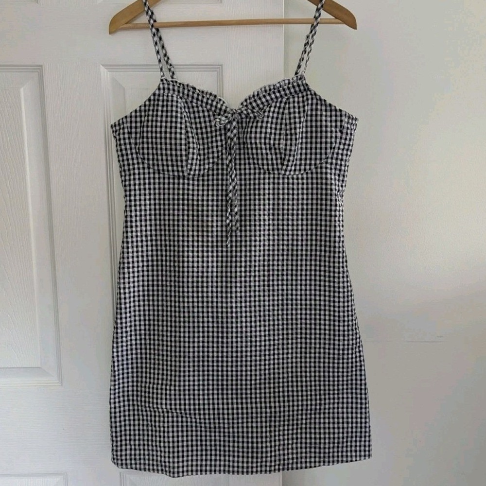 Black Gingham Mini Dress Ruffle Tie Front Sz L 11-13 Sun Dress Coquette Picnic